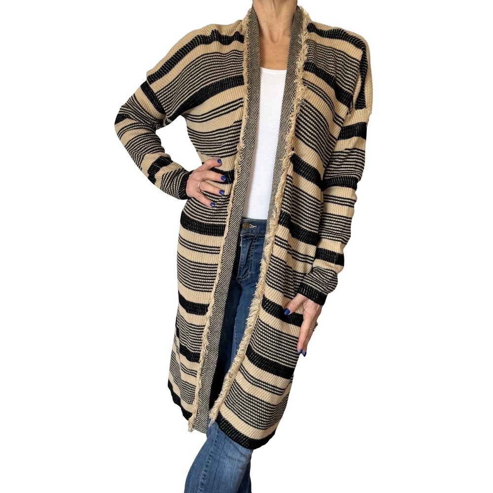 Lauren Ralph Lauren Open Knit Cardigan Sweater Longline Stripe  Linen Large NWT